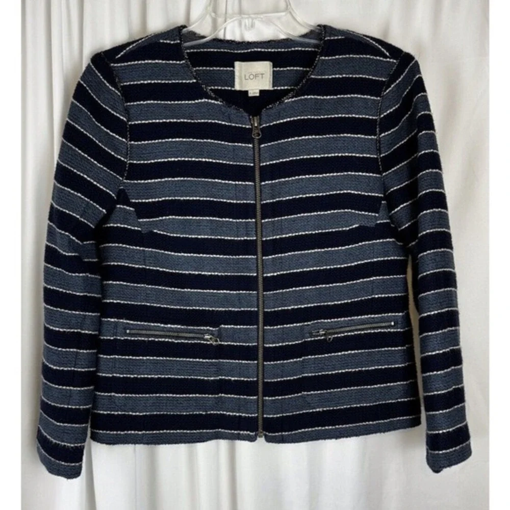 LOFT Navy Blue Striped Full Zip Textured‎ Cotton Blend Jacket 6 Nautical 53-11